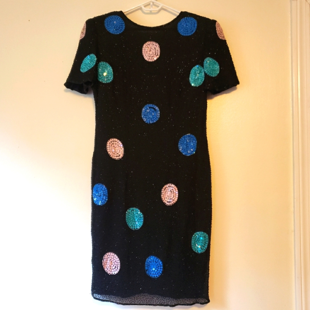 Vintage 80's Leslie Fay Polka Dot Beaded Sequin Cocktail Dress - Size 12